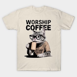 Worship Coffee Geek Cat T-Shirt